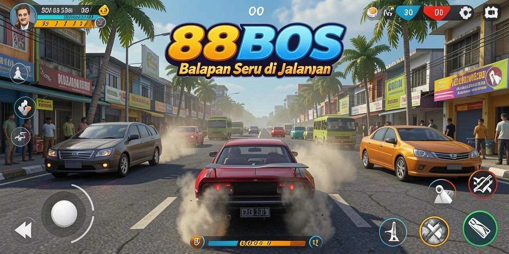 Tangkapan layar gameplay <strong>88BOS</strong> menampilkan perlombaan intens di jalan raya.