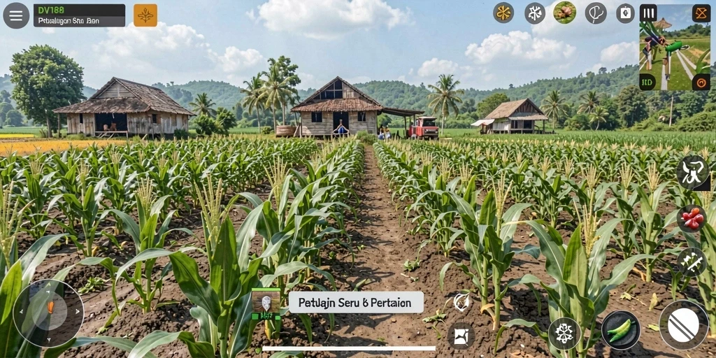 Screenshot gameplay DV188 menunjukkan aktivitas bertani yang seru dan interaktif.