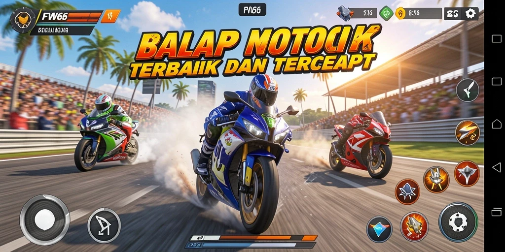 Screenshot gameplay FW66 menampilkan aksi balap motor yang mendebarkan.
