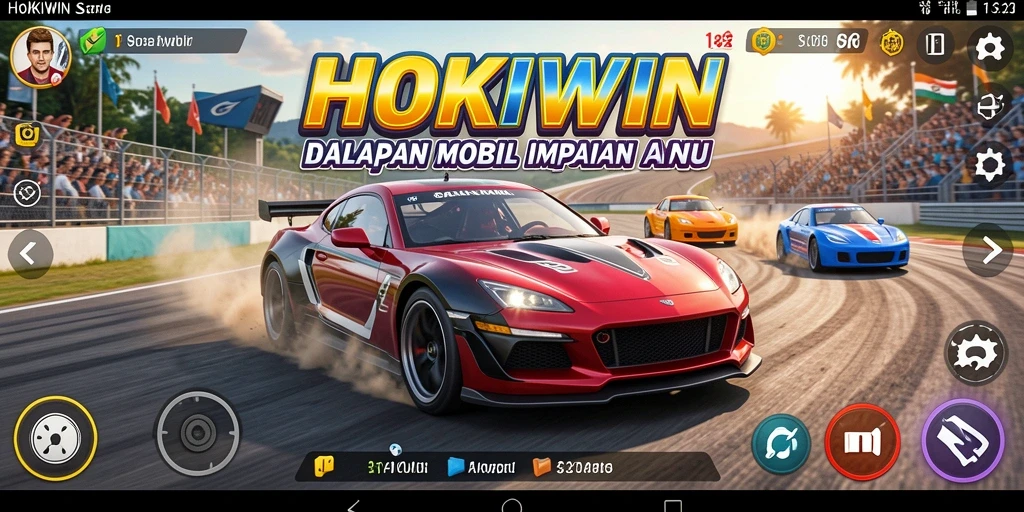 Tampilan aksi balapan seru di HOKIWIN dengan mobil yang cepat dan trek menantang.
