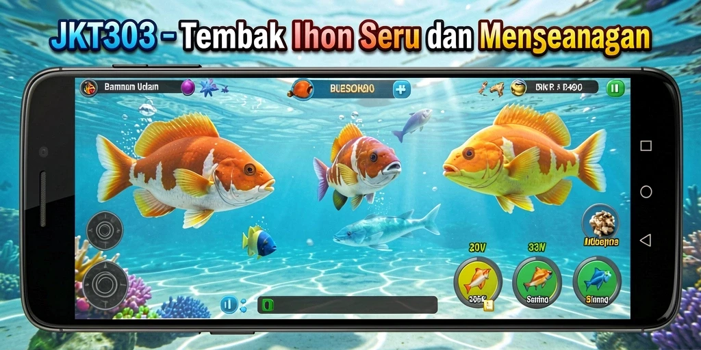 Gameplay seru JKT303 saat menembak ikan di bawah laut.