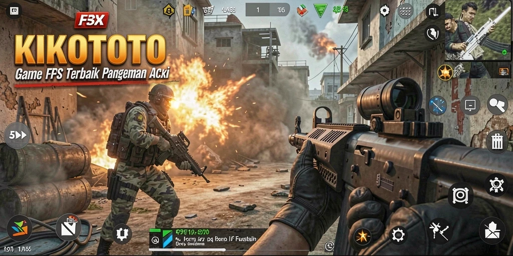 Screenshot gameplay KIKOTOTO menampilkan aksi tembak-menembak yang mendebarkan.