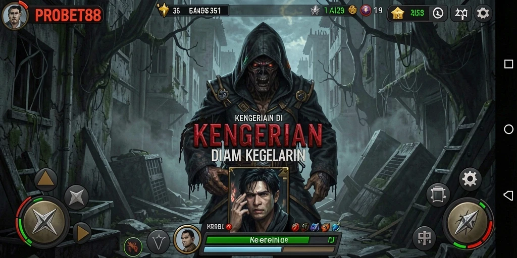 Screenshot gameplay PROBET88 menampilkan kegelapan yang menakutkan dan suasana menyeramkan.
