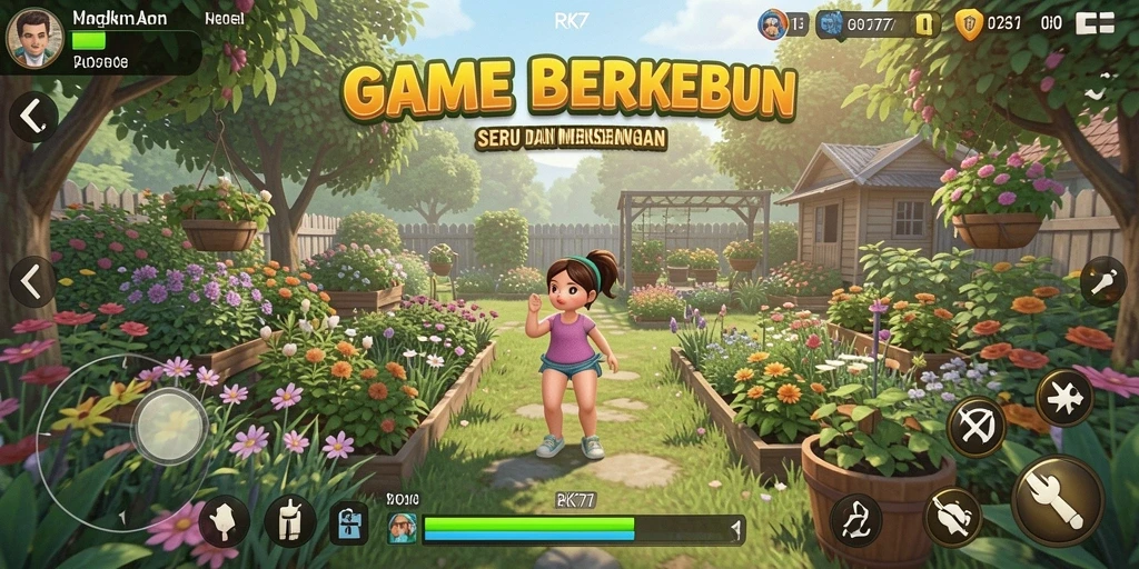 Screenshot RK77 menunjukkan pemain tengah merawat kebun yang subur.