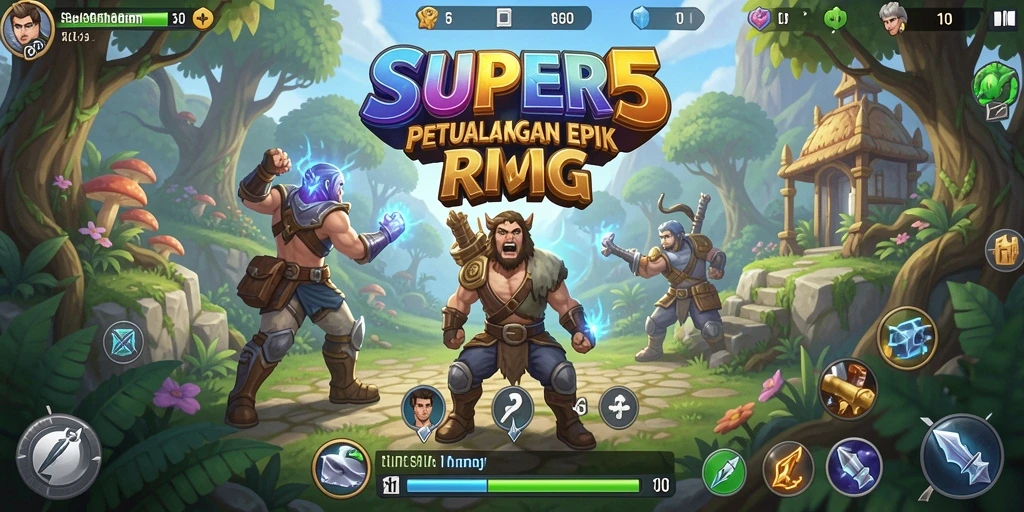 Tampilan gameplay SUPER5 menunjukkan pertempuran yang seru dalam dunia RPG.