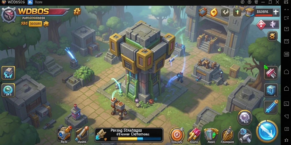 Tangkapan layar gameplay WDBOS dengan aksi menara melawan musuh.